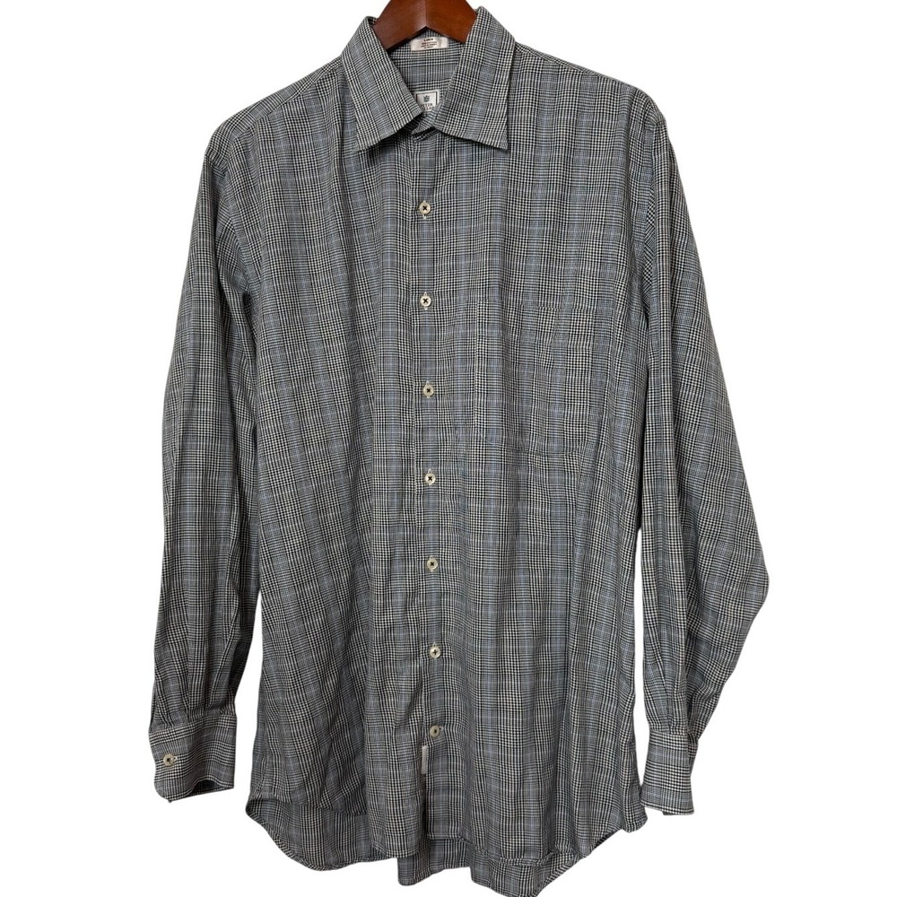 Peter Millar Mens Large Glen Plaid Cotton Button Down Shirt Blue Grey‎ LS